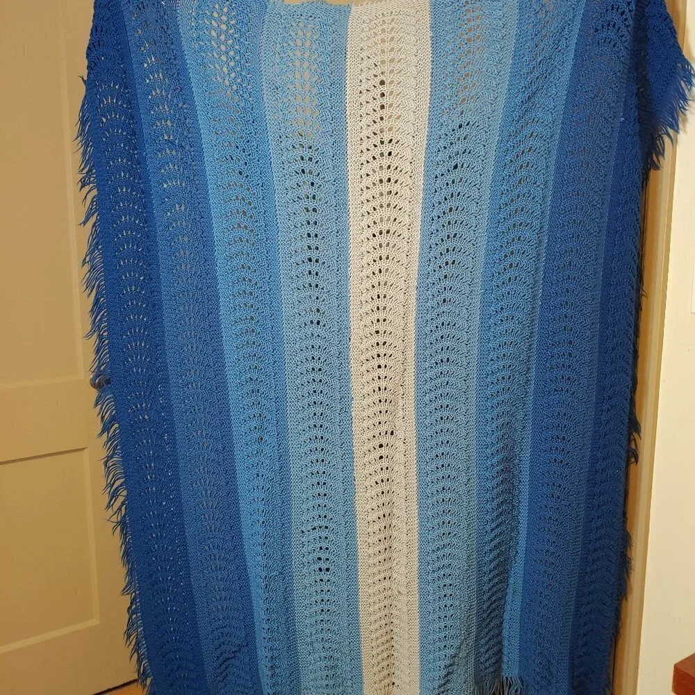 Knit‎ Crochet Blanket Afghan Throw Fringe Granny Boho Ombre Blue Vintage 1970's
